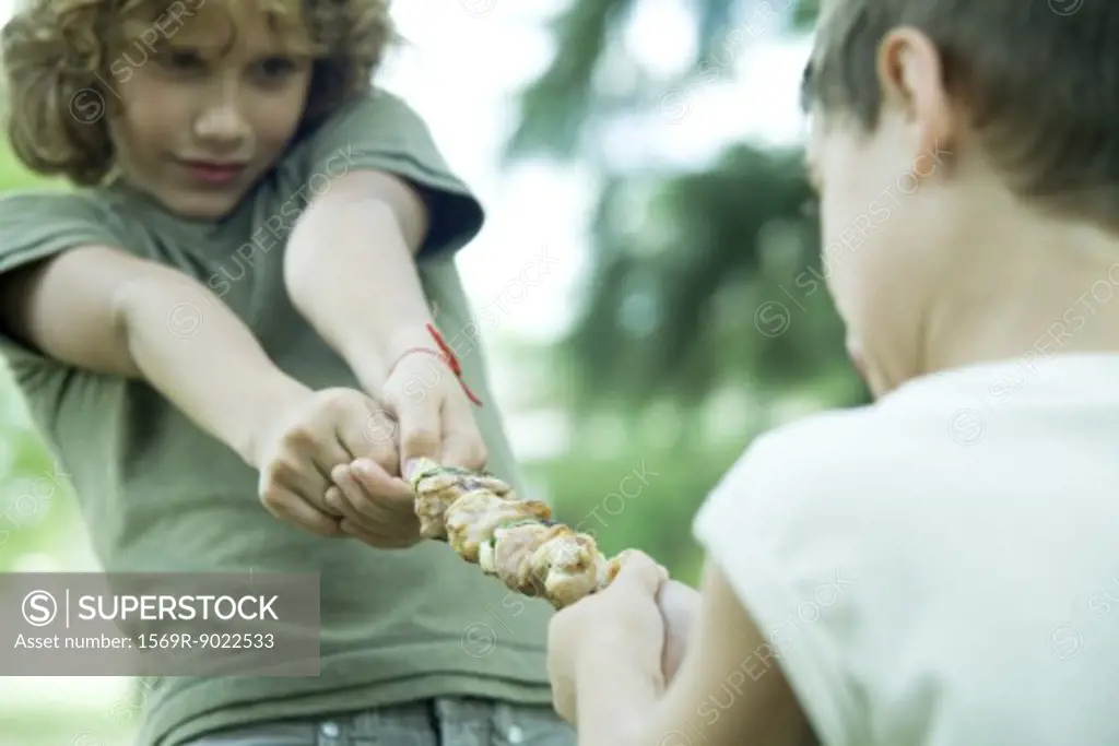 Two boys playing tug-of-war with grilled kebab