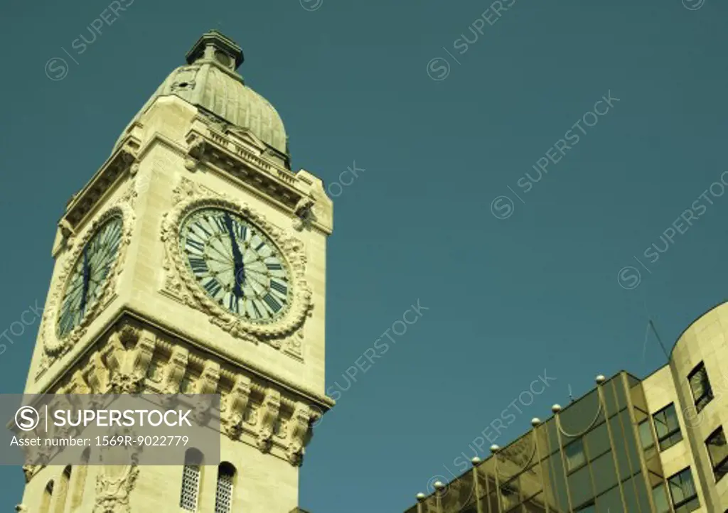 Paris, France, Gare de Lyon clock tower, low angle view