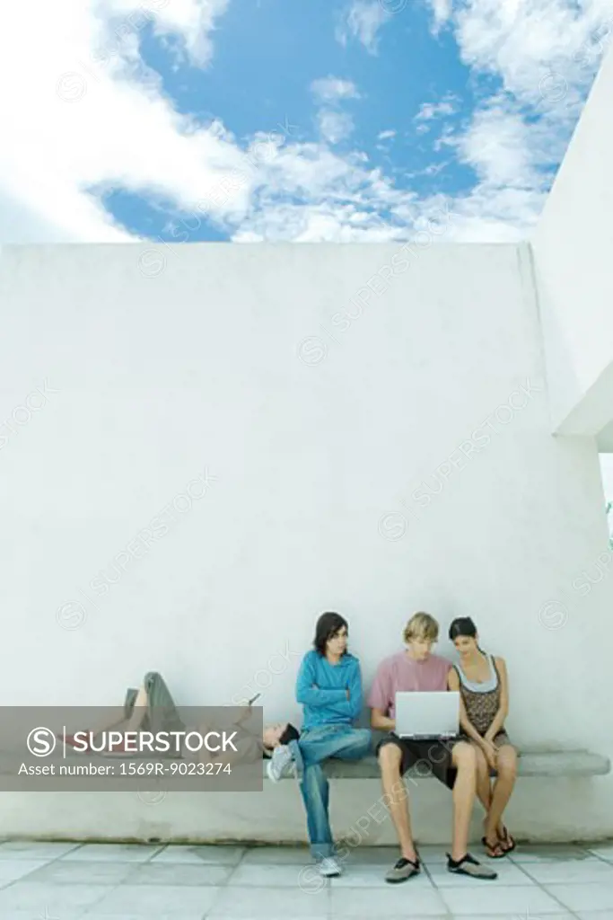 Young friends sitting outdoors, using laptop