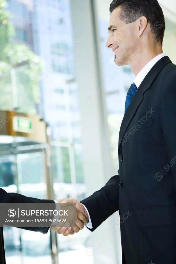 Businessman shaking associate´s hand, smiling, cropped view