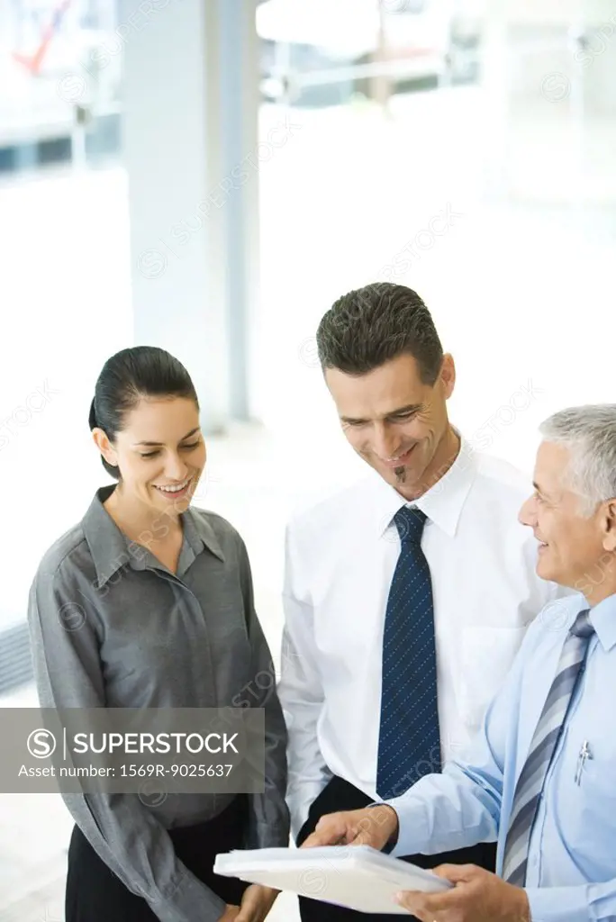 Mature businessman holding file, discussing with associates