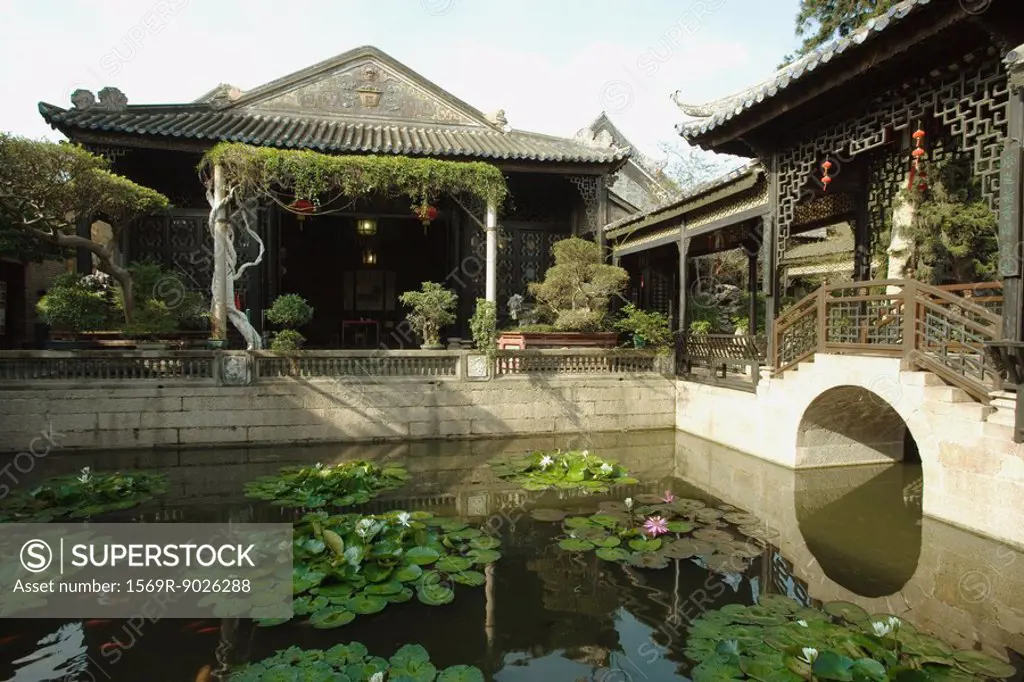 Water lily pond in temple courtyard, Guangdong province, China