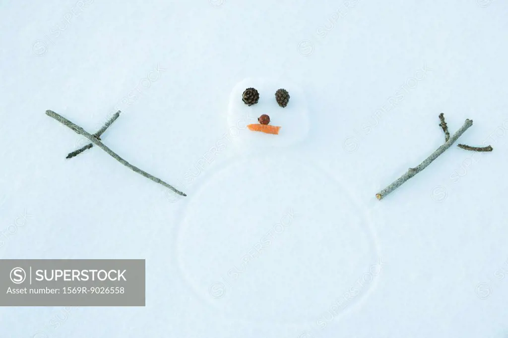 Snowman drawn on ground, portrait, high angle view