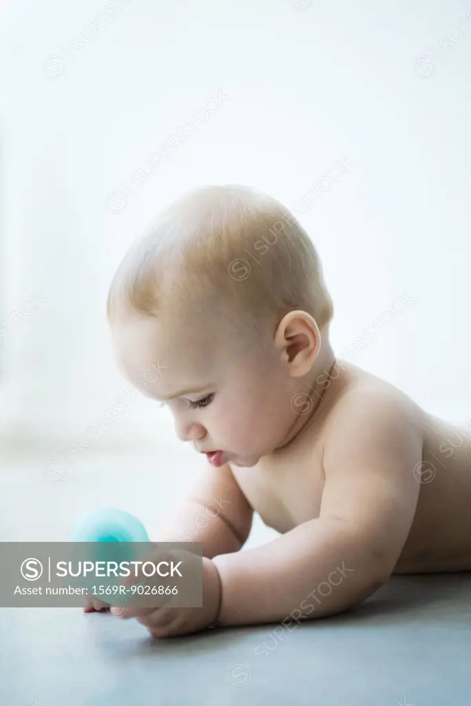 Naked baby lying on stomach, holding toy, waist up