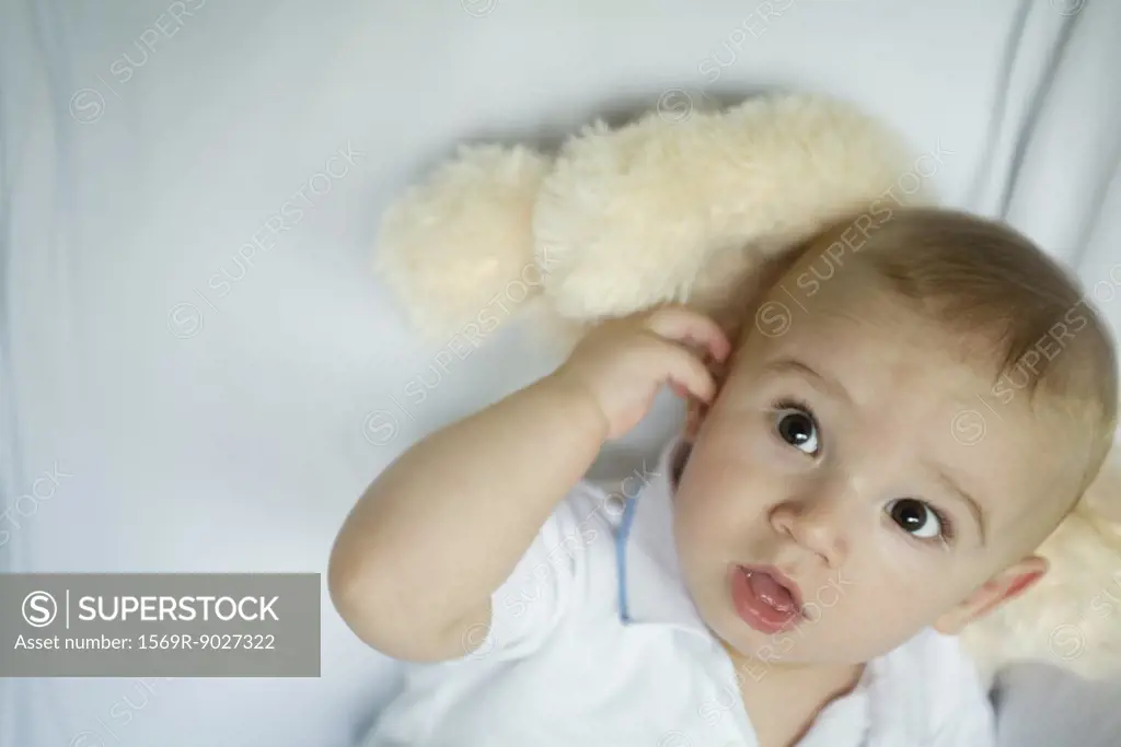 Baby lying with head on stuffed animal, raising eyebrows, touching ear