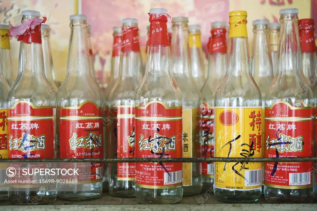 Empty bottles with Chinese script on labels
