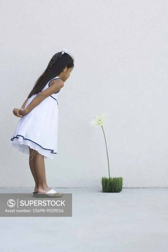 Girl in sundress, leaning forward, looking at flower, side view
