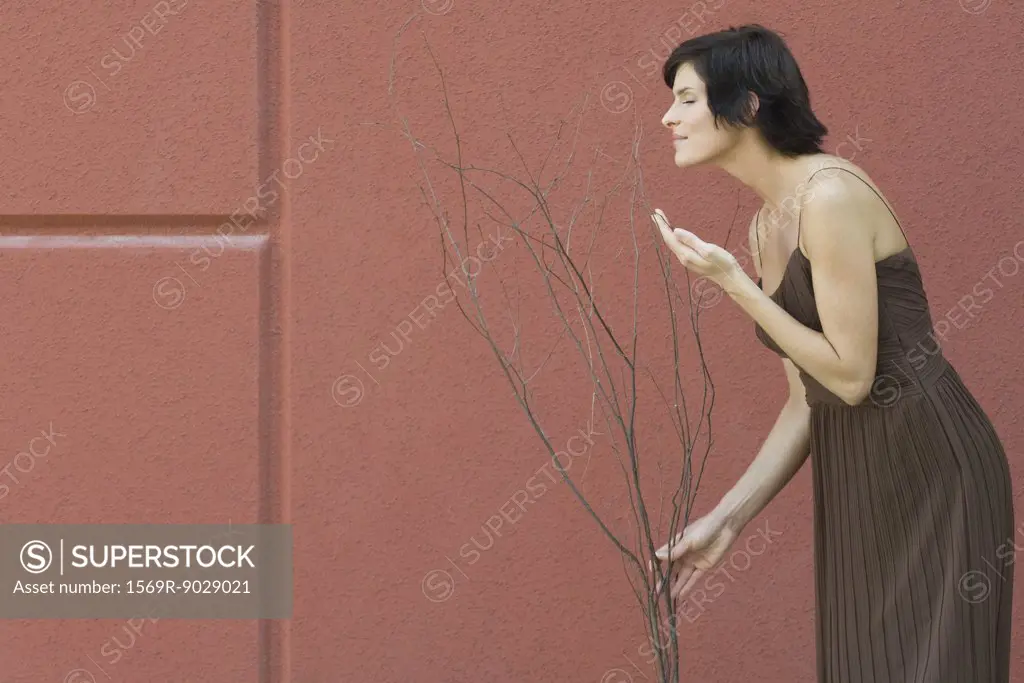 Brunette woman touching and smelling bare sapling, red wall in background, side view, three quarter length