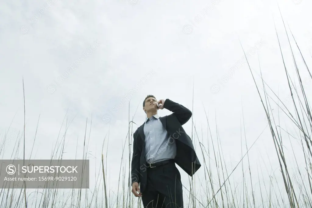 Man standing in tall grass, using cell phone, low angle view