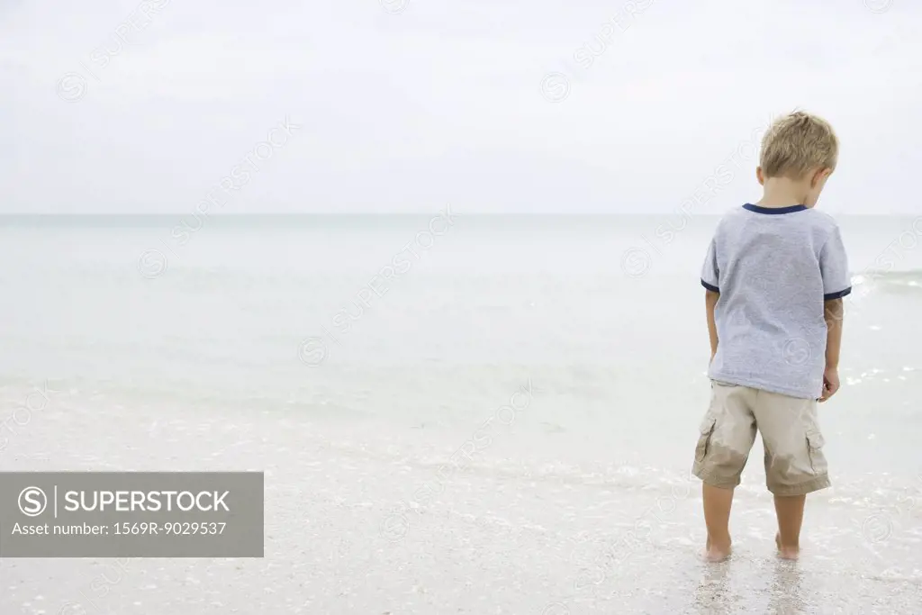 Young boy standing at the beach, looking down, rear view