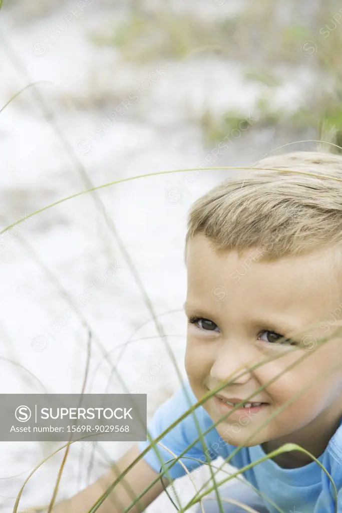 Young boy in tall grass, smiling, looking away, cropped view