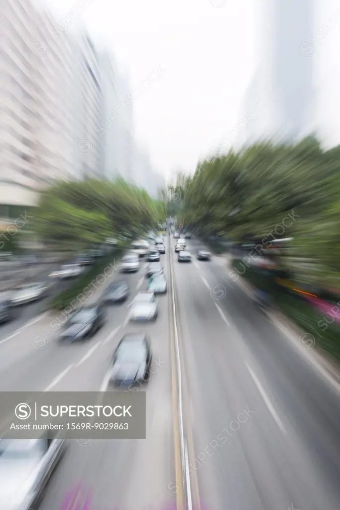 City thoroughfare, high angle view, blurred motion