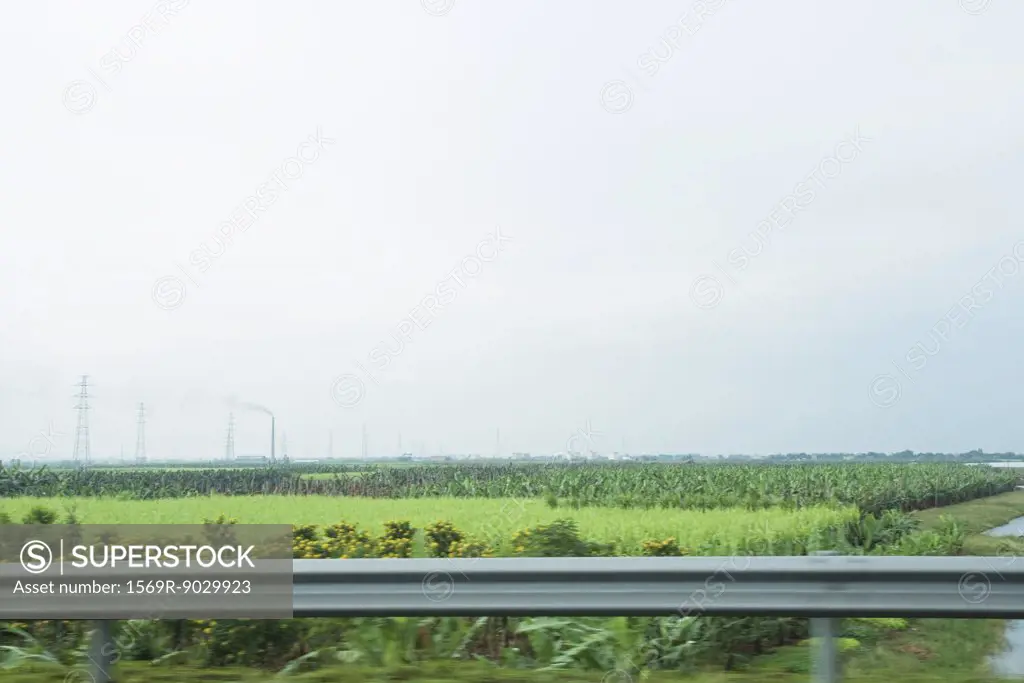 Field of crops seen from highway, blurred motion