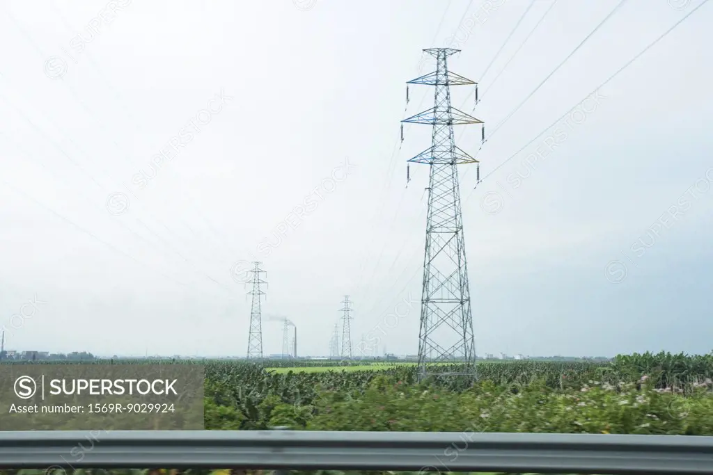 Electric pylons seen from highway