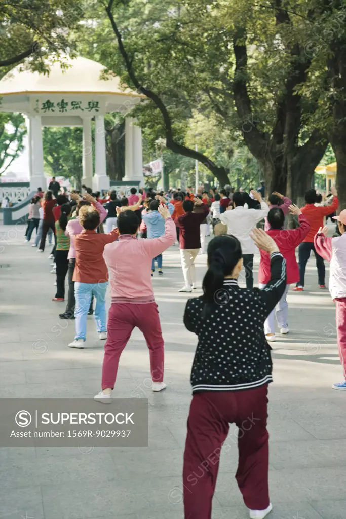 China, large group of adults doing Tai Chi Chuan in city square, rear view