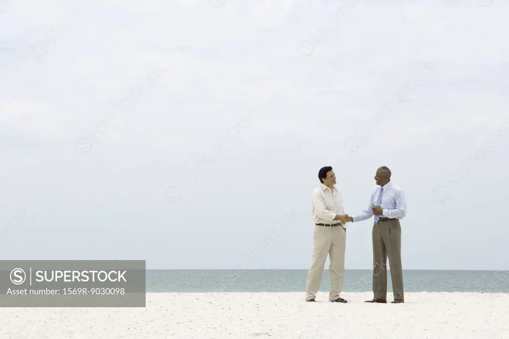 Two businessmen shaking hands on the beach
