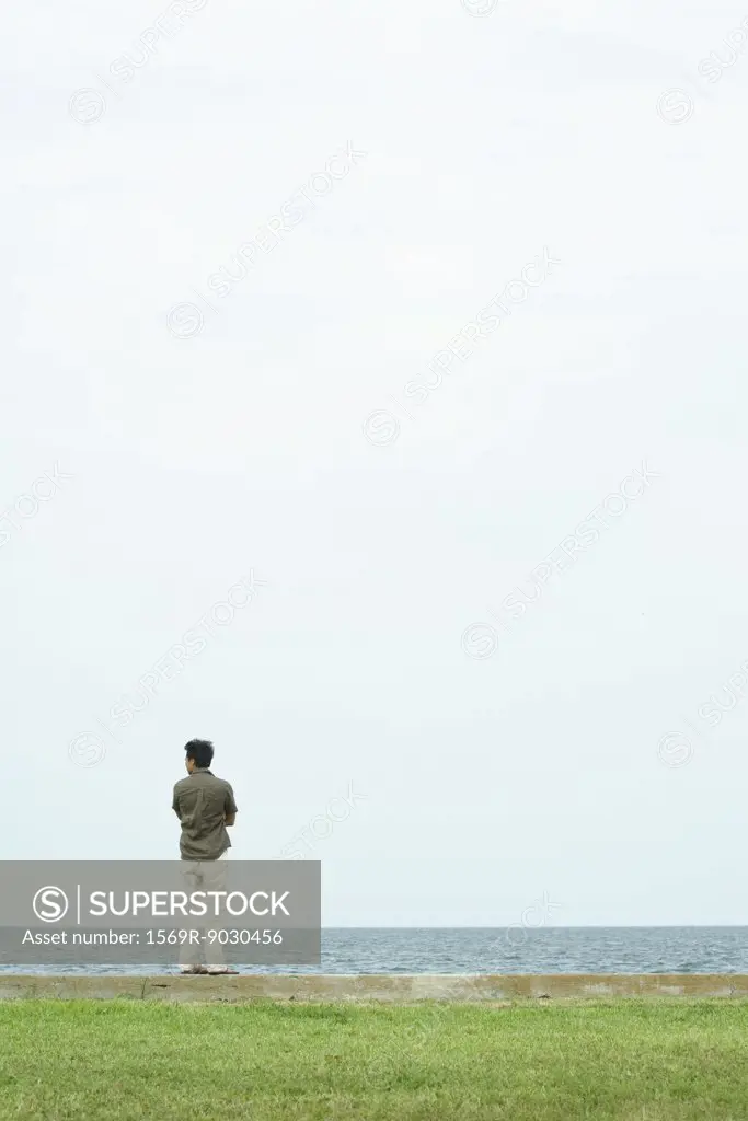 Man standing, looking out toward sea, full length, rear view