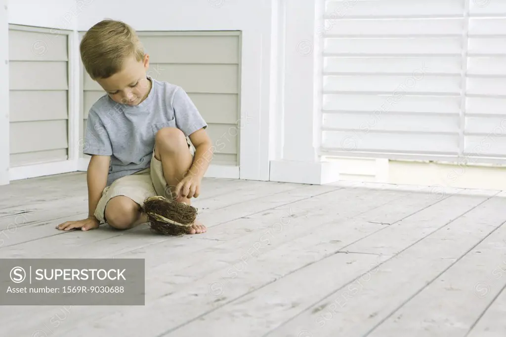 Boy crouching on the ground, touching bird's nest, looking down