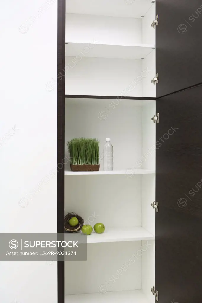 Sparse pantry containing apples in nest, tray of wheat grass and bottle of water