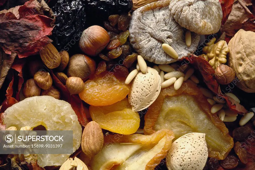 Assortment of dried fruits and nuts, full frame