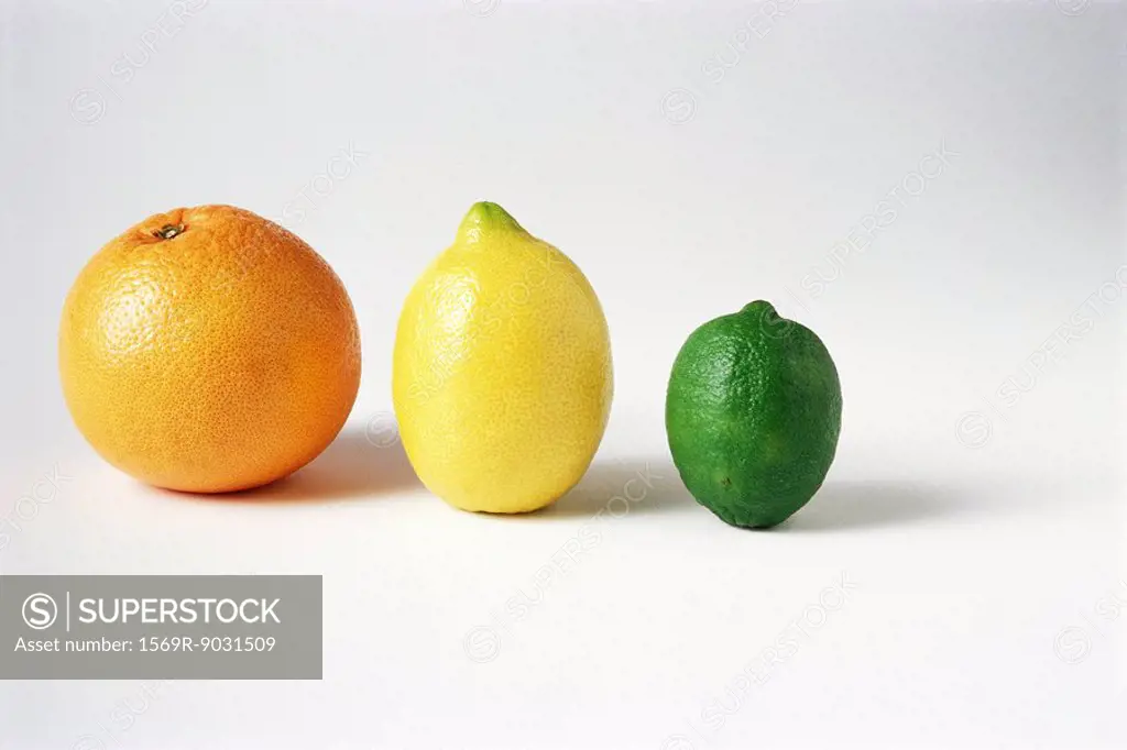 Orange, lemon, and lime in a row, close-up