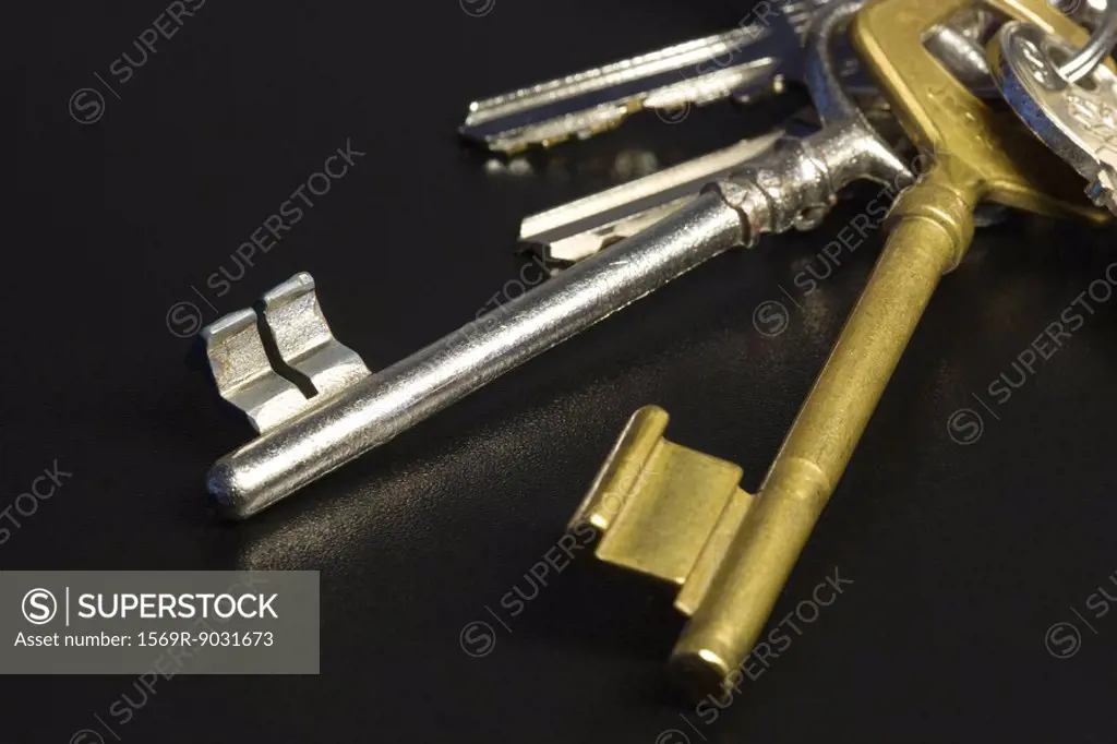 Assorted keys on keyring, close-up