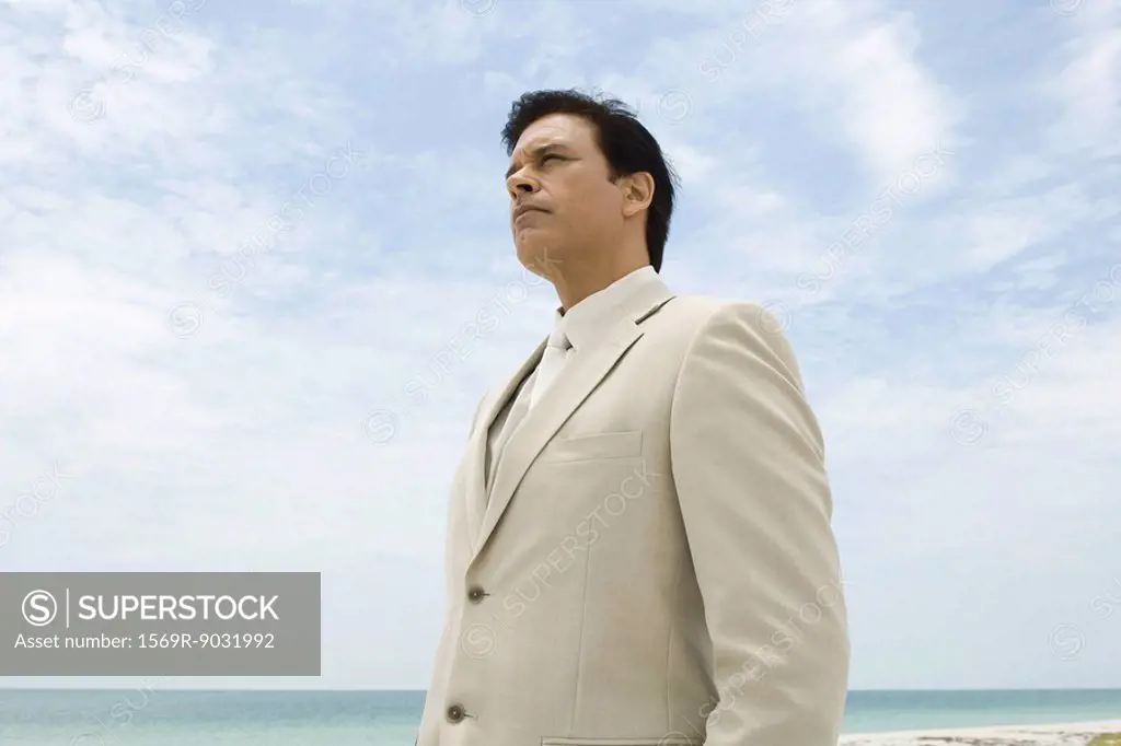 Businessman standing at the beach, looking away, low angle view