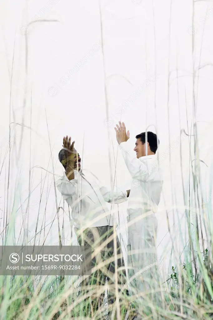 Two men greeting each other outdoors, hands raised, viewed through tall grass