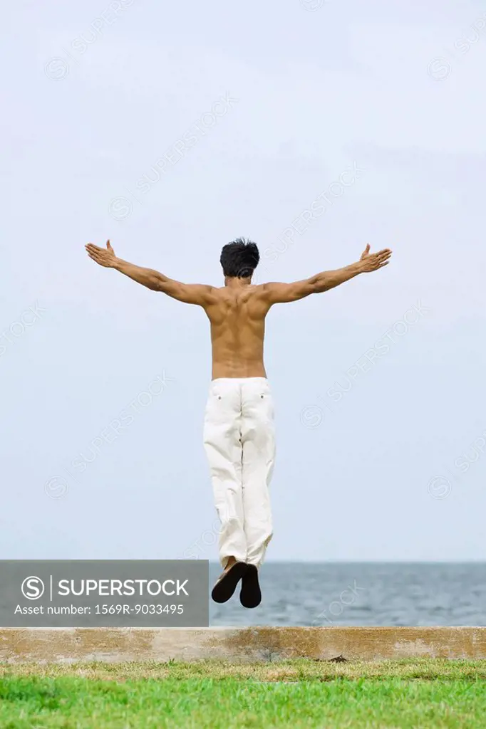Man jumping in the air at the beach, arms outstretched, rear view