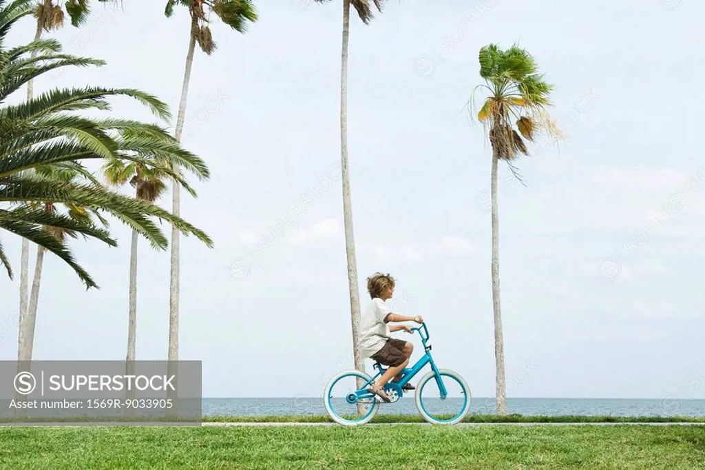Boy riding bicycle at the beach, side view