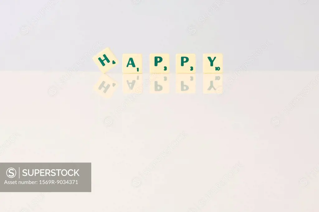 Word game tiles spelling the word happy