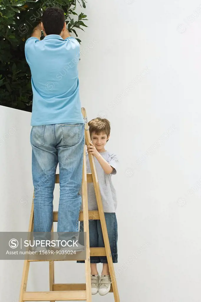 Father and son standing on ladder together, boy smiling at camera