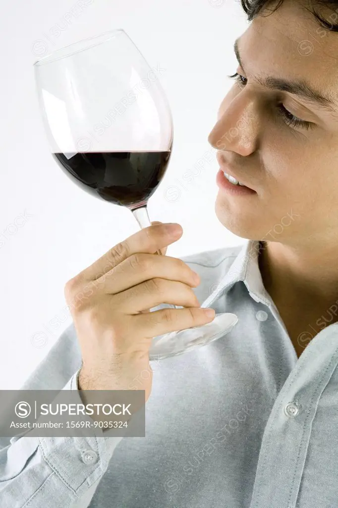Man studying glass of red wine, close-up