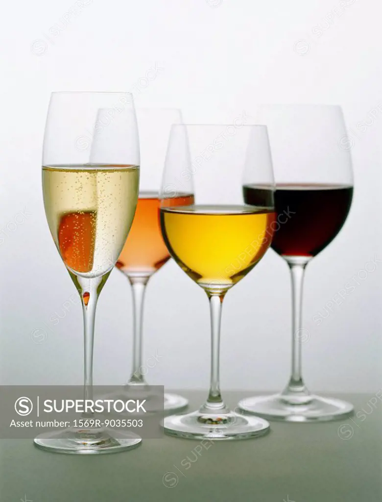 Assorted wines in glasses, close-up