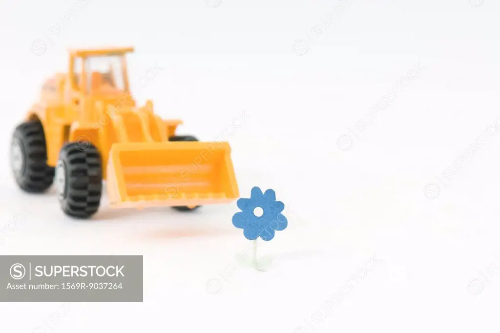 Toy bulldozer approaching flower