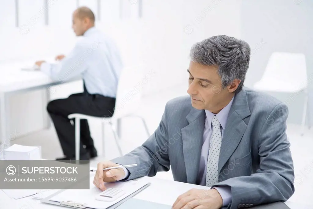 Professional man sitting at desk, using calculator, colleague in background