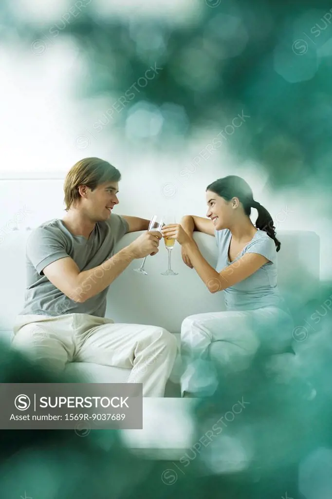 Couple sitting together on sofa, toasting with champagne