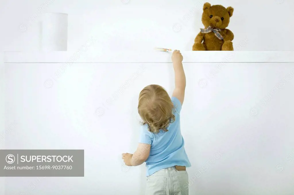 Toddler reaching for lollipop on high shelf, rear view
