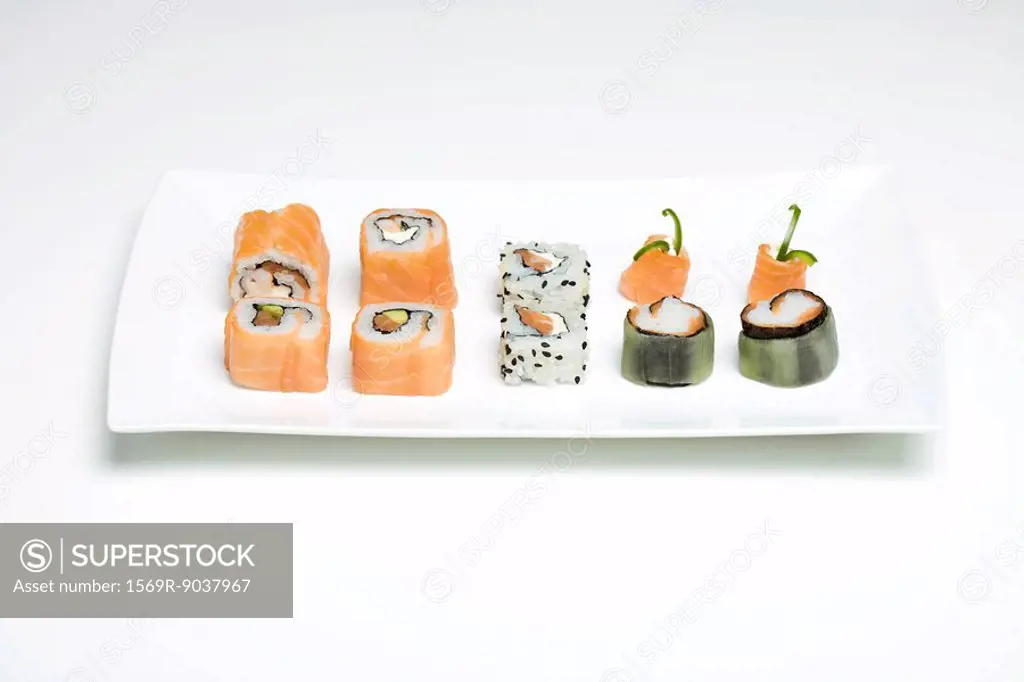 Assorted maki sushi arranged on sushi plate