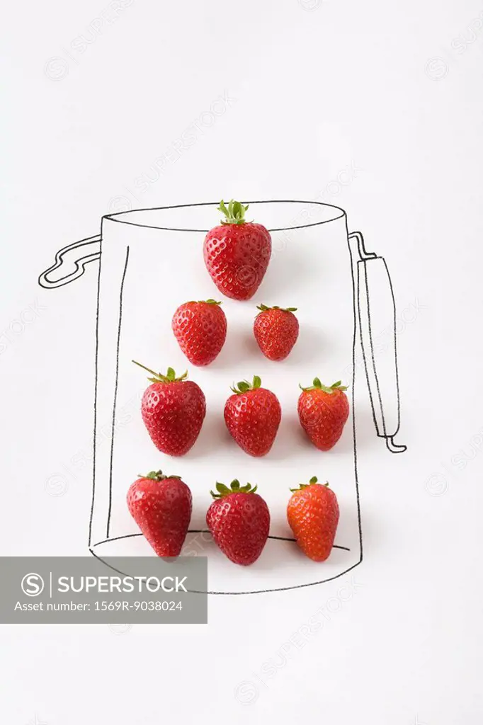 Ripe strawberries in drawing of a jar