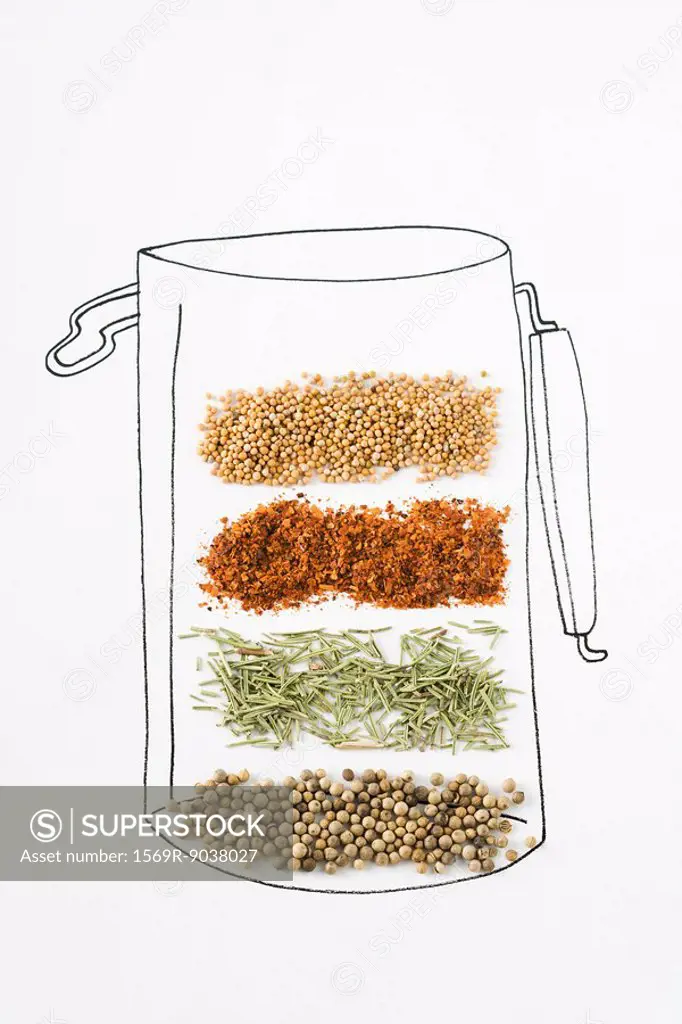 Assorted spices on drawing of canister