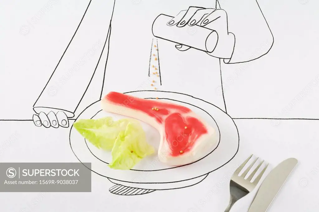 Drawing of person sprinkling peppercorns on plastic steak