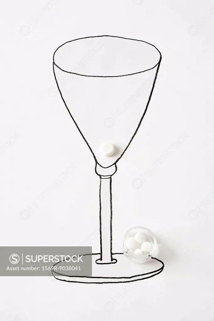 Pill in drawing of stemmed glass