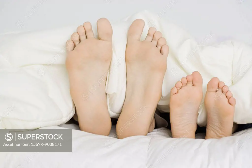 Parent and child´s bare feet sticking out from under comforter, close-up