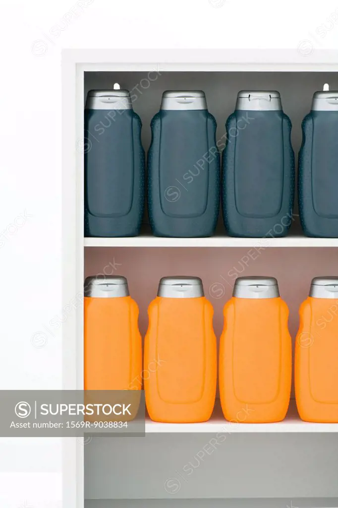 Plastic bottles lined up on shelves