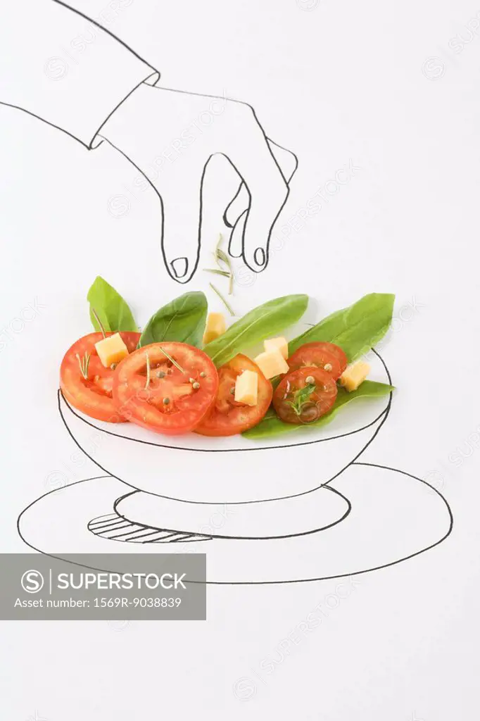 Drawing of hand sprinkling seasonings on salad
