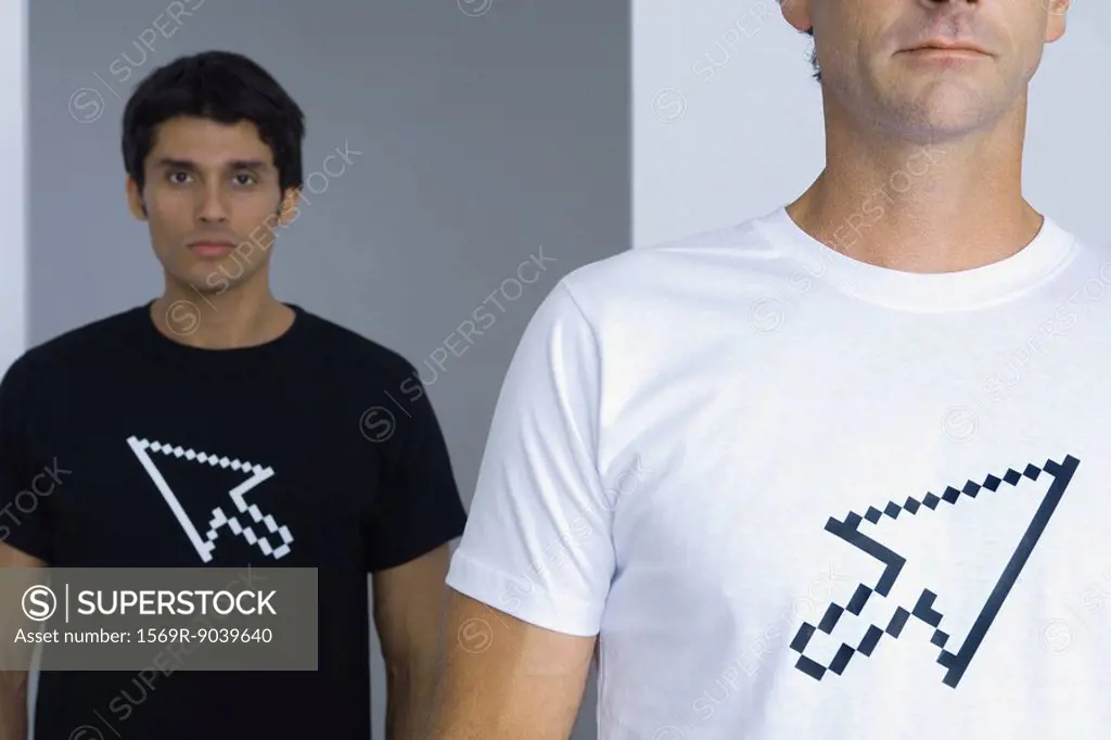 Men wearing tee-shirts printed with computer cursors, cropped