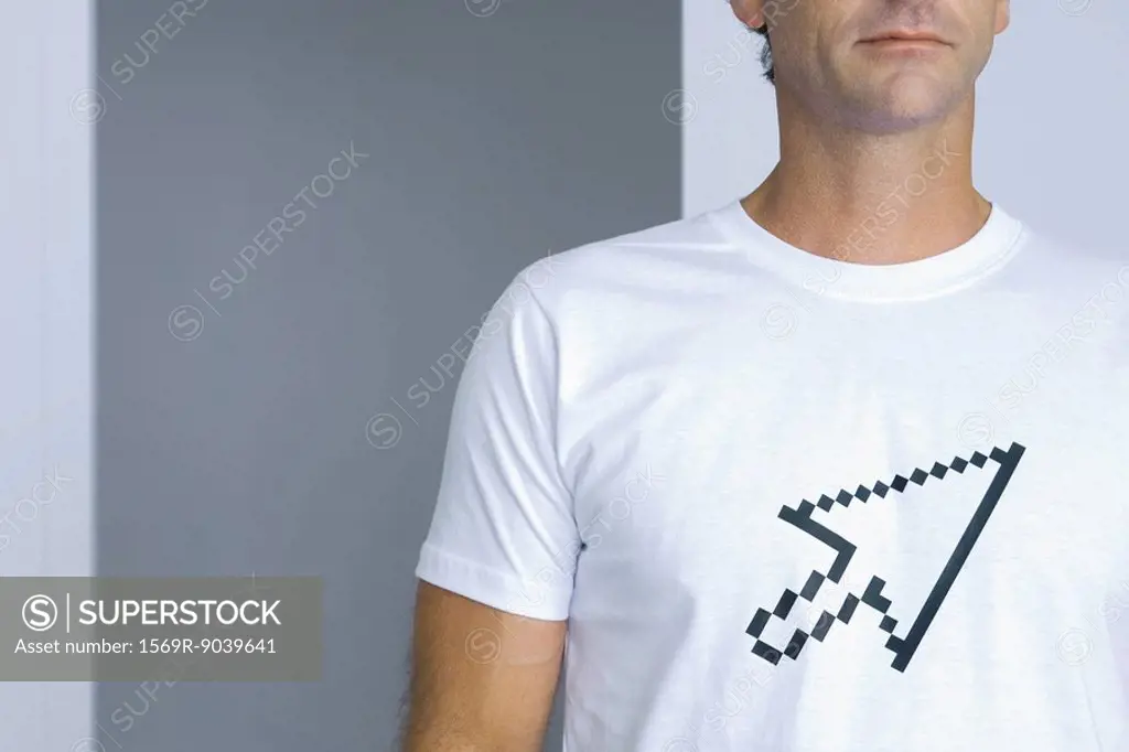 Man wearing tee-shirt printed with computer cursor, cropped view