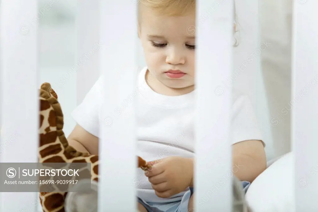 Toddler sitting in crib, playing with stuffed giraffe