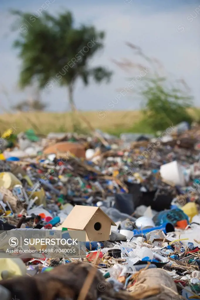 Birdhouse on ground surrounded by landfill trash